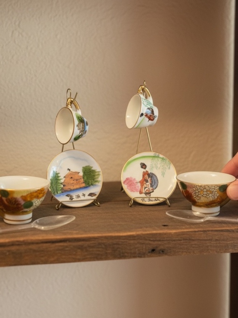 Porcelain Japanese-Style Mini Tea Cup and Saucer Set - White Multicolor